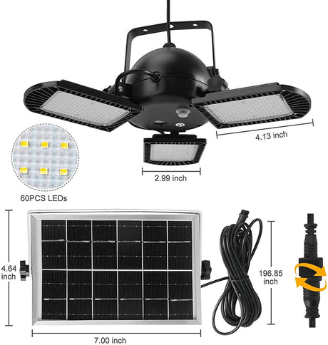 Solar Pendant Lights Outdoor Indoor 800LM 60LED Solar Powered Shed Light 3 Leaf Adjustable Solar Security Lights with Remote for Home Garage Garden Barn Tent