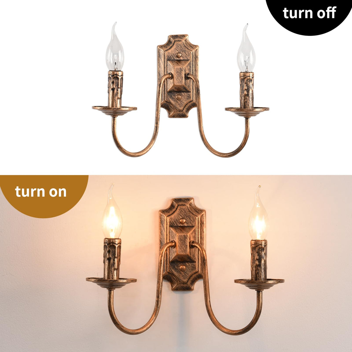 Wall Lights 2 Metal Wall Sconce Vintage French Country Wall Lamp E14 Bronze Suitable for Bedroom Bedside, Hallway, Fireplace, Aisle, Foyer, Living Room (2 Packs)
