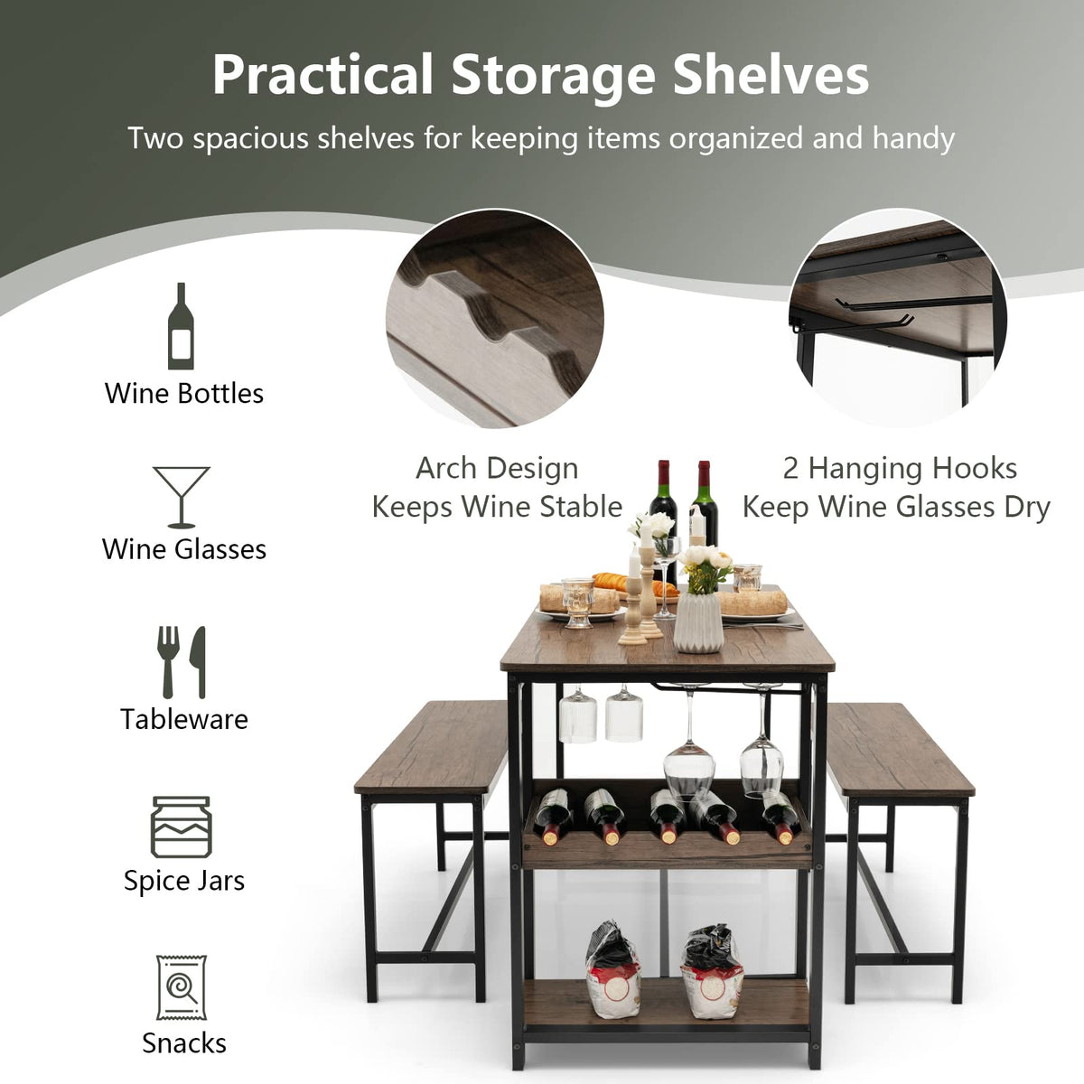 3-Piece Dining Set with Wine Rack & Glass Holder