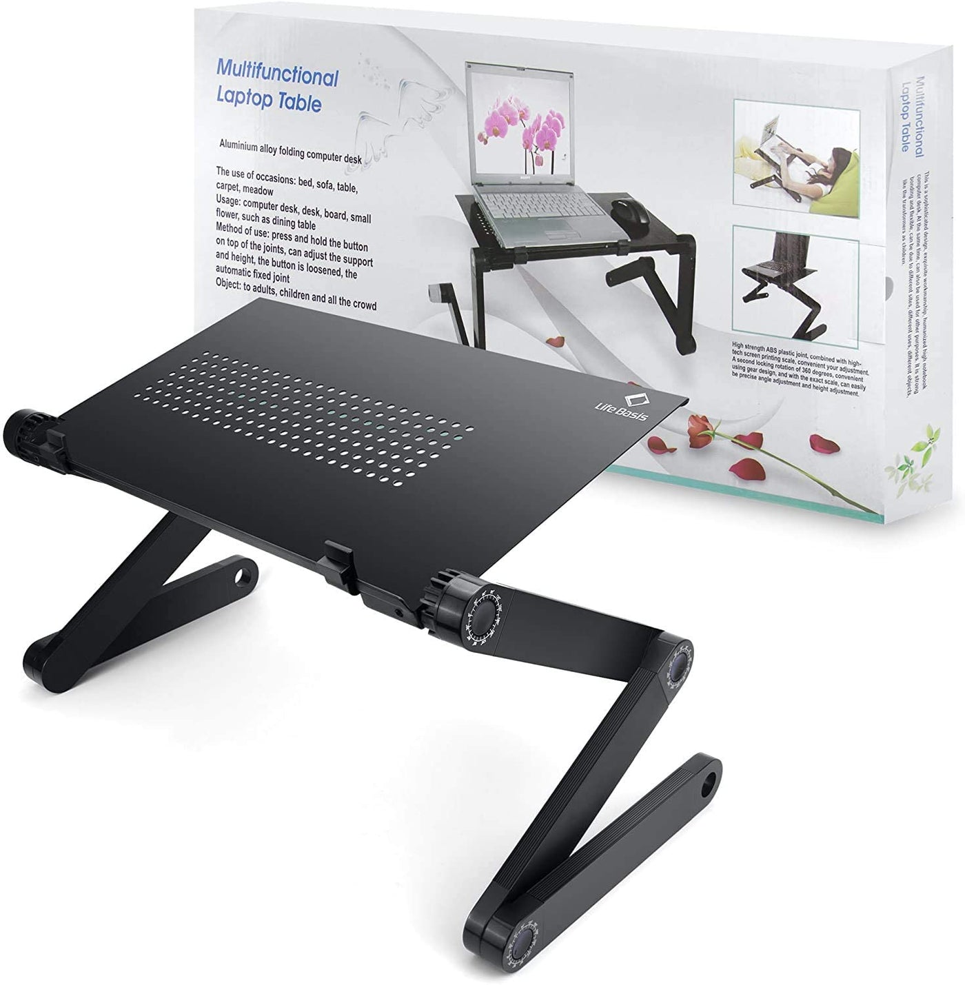 Adjustable Laptop Stand Portable Lap Desk Bed Table & Cooling Stand Premium Aluminum Rotate 360 Degrees Foldable Table Standing Holder for 10-15.4" Notebook Reading Study Work Home Office