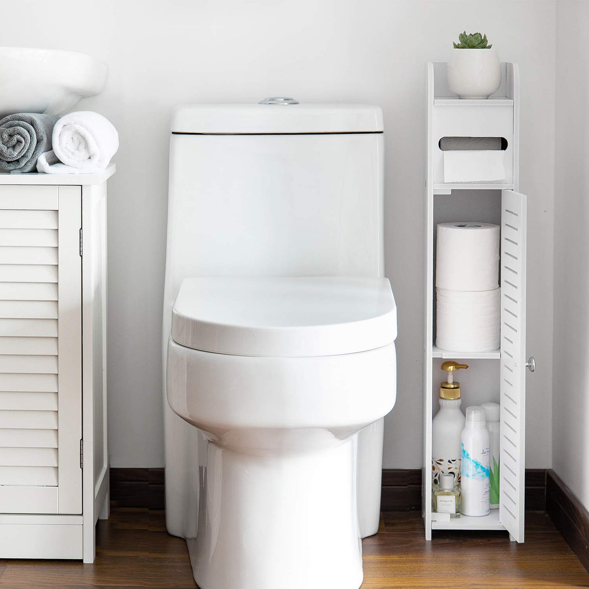 Toilet Roll Holder, Toilet Paper Roll Holder with Slim Shelf, Over Toilet Storage for Toilet Paper Bulk, Narrow Shelf for Bathroom Accessories ,Bathroom Storage for Toilet Tissue, White by AOJEZOR