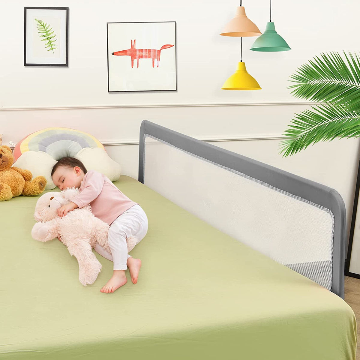 Bed Rails for Toddlers, 180cm Extra Long, Swing Down Bed Guard w/Safety Strap for Convertible Crib, Folding Baby Bedrail for Kids Twin, Double, Full Size Queen & King Mattress