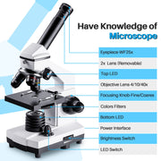 Monocular Microscope for Students and Kids, 200-2000x Magnification Powerful Biological Educational Microscope with Operation Accessories(10p), Slides Set(15p), Phone Adapter, Wire Shutter & Backpack