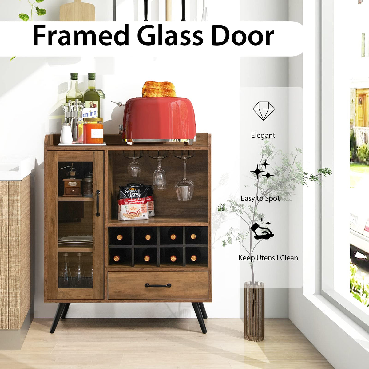 Wine Cabinet, Buffet Sideboard with Removable Wine Rack, Drawer, Shelves, Tempered Glass Door & Glass Holder, Wooden Wine Storage Sideboard for Kitchen, Dining Room, Living Room