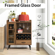 Wine Cabinet, Buffet Sideboard with Removable Wine Rack, Drawer, Shelves, Tempered Glass Door & Glass Holder, Wooden Wine Storage Sideboard for Kitchen, Dining Room, Living Room