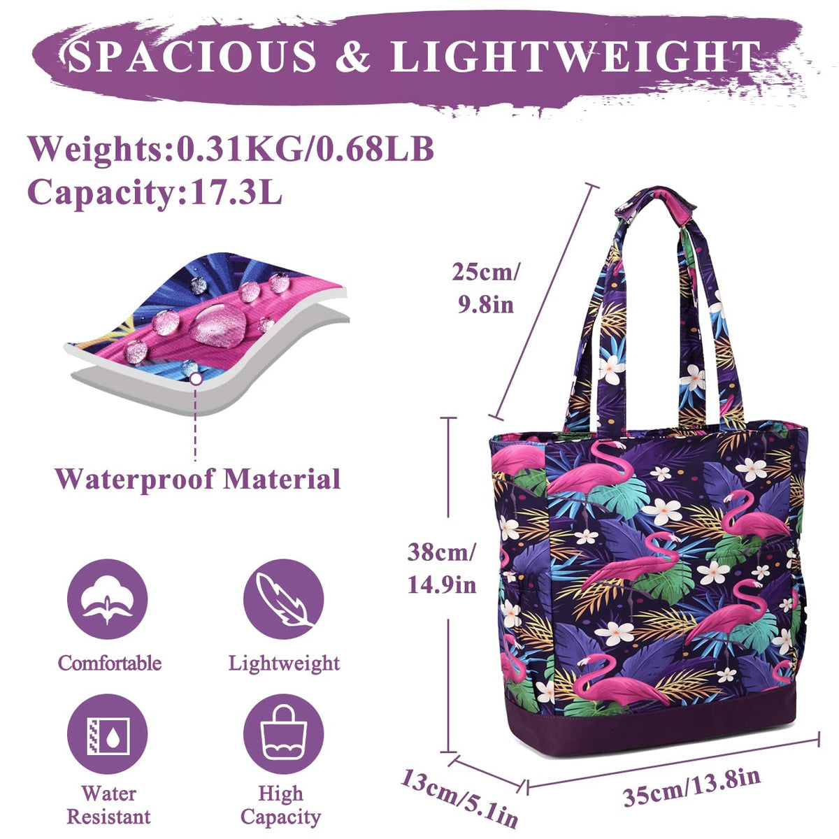 Beach Bag for Women,VASCHY Lightweight Large Water Resistant Sandproof Fold-able Packable Pool Tote Bag w Zipper/Pockets for Vacation