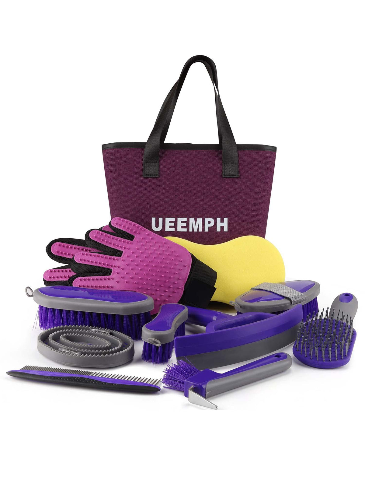 Horse Grooming Kit（10-Piece），Purple Horse Brushes for Grooming,Storage Bag,Horse Sweat Scraper,Mane Comb,Horse Grooming Gloves,Horse Gifts for Girls (Purple),1 count