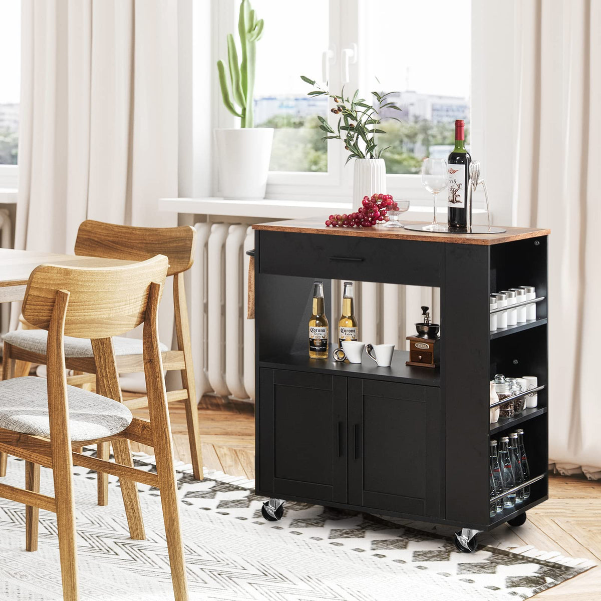 Black Rolling Kitchen Island with 3-Tier Spice Rack