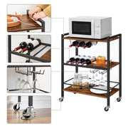3-Tier Bar Cart with 4-Bottle Rack & 6-Glass Holder