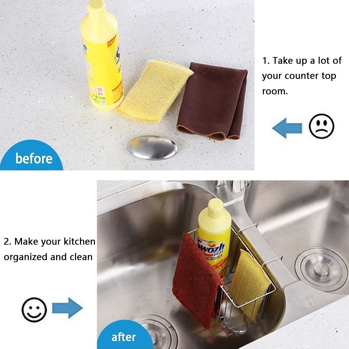 Sponge Holder, Sink Caddy Kitchen Brush Soap Dishwashing Liquid Drainer Rack - Stainless Steel