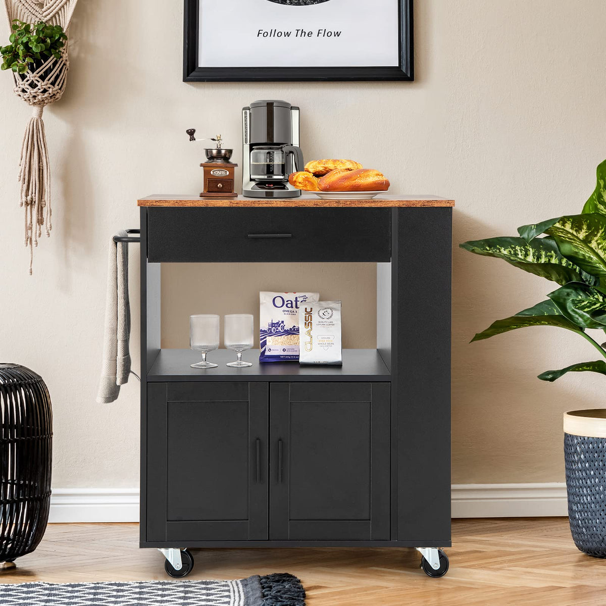 Black Rolling Kitchen Island with 3-Tier Spice Rack