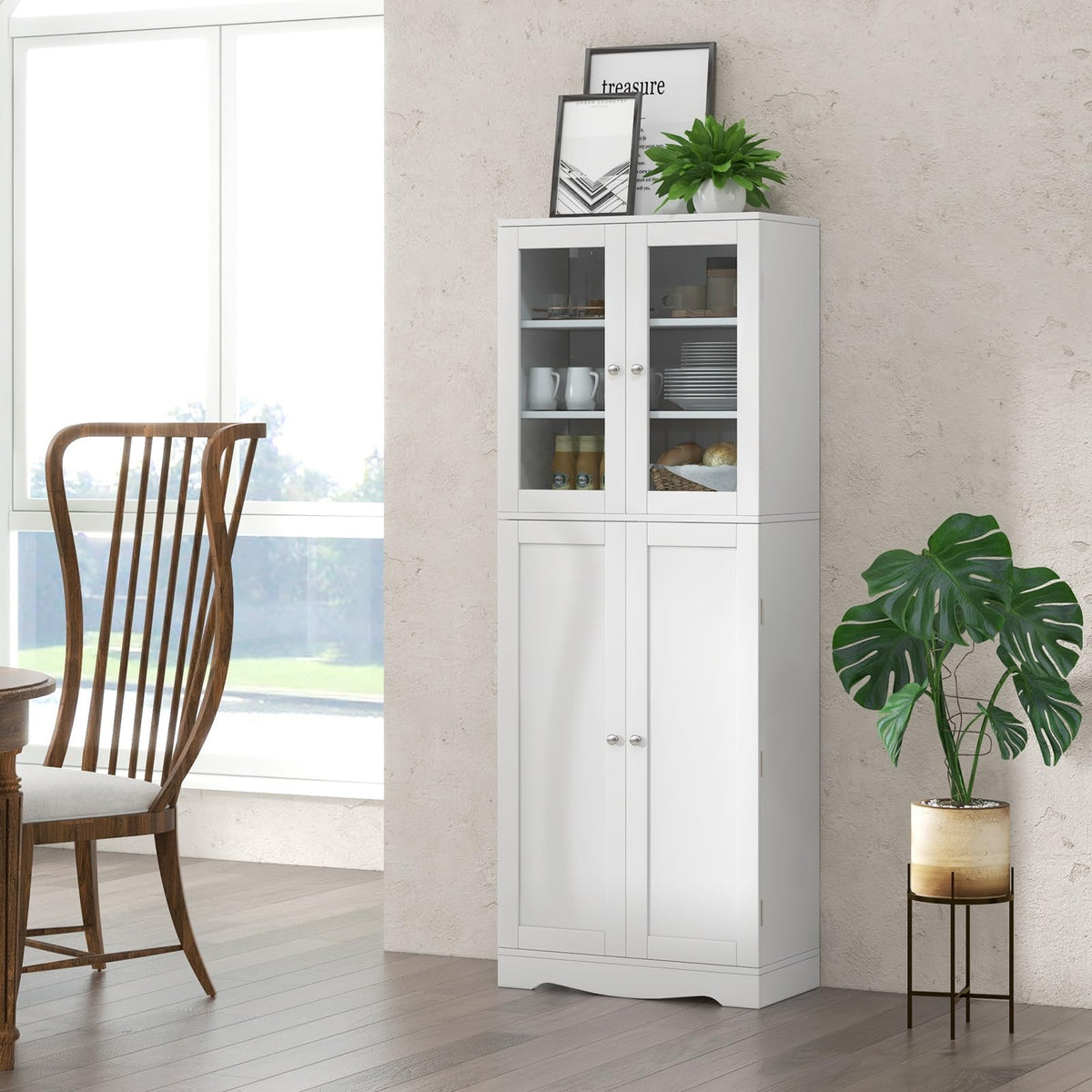 161.5 cm White Pantry Cabinet with Glass Doors & Door Racks