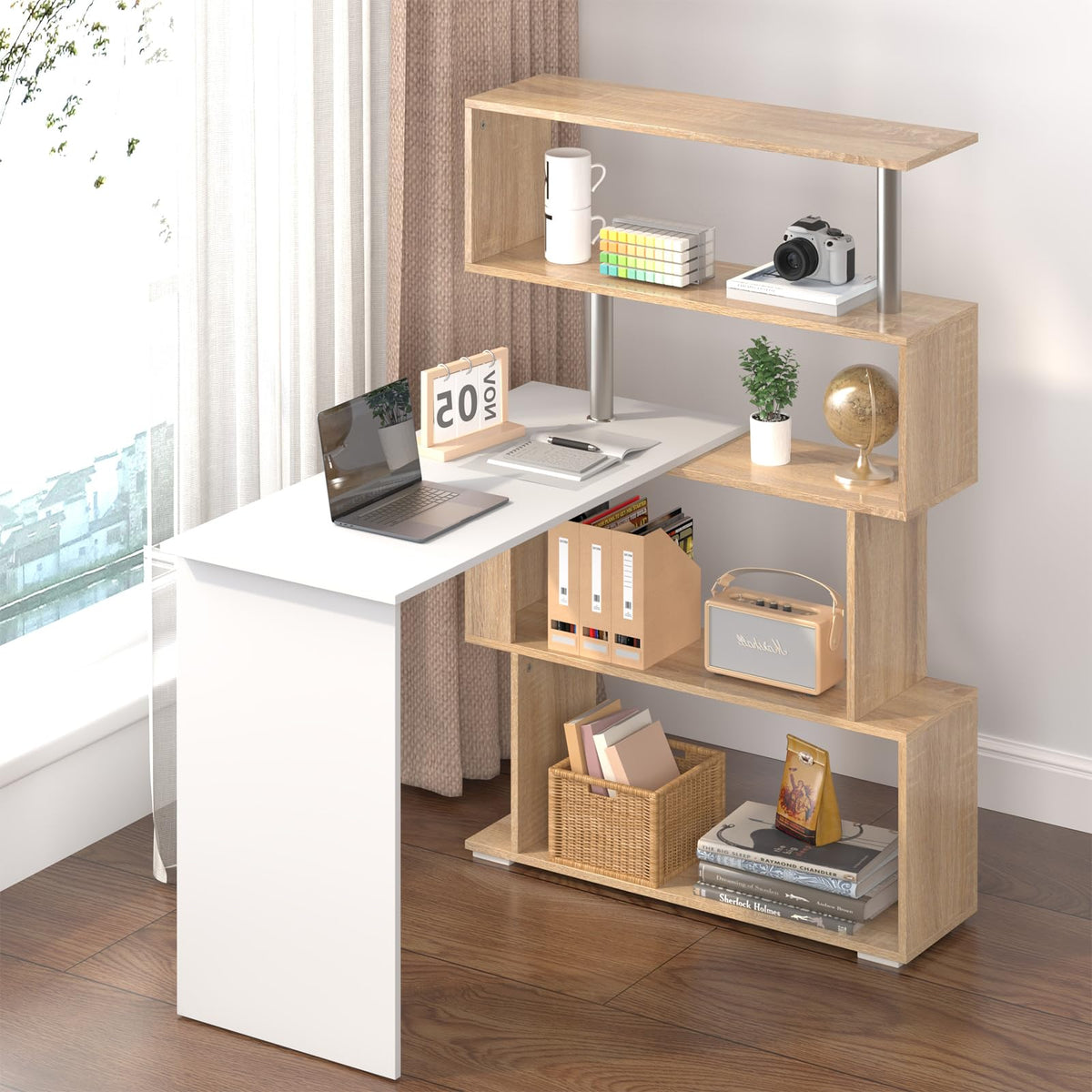 Rotating White & Wood Corner Desk with 4-Tier Shelves