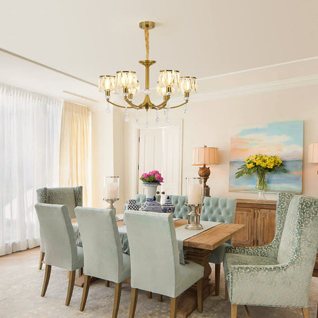 Ganeed Gold Chandelier,6 Lights Wagon Wheel Chandeliers with Clear Crystal Shades,Modern Mid Century Hanging Pendant Light Fixture for Dining Room Living Room Bedroom(E14 Base)