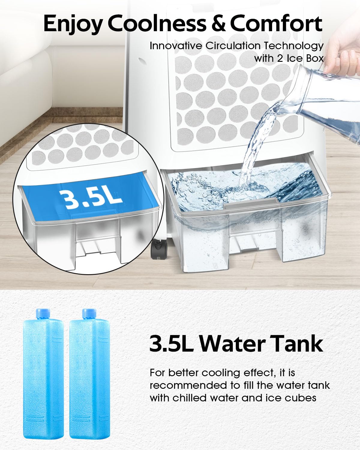 Evaporative Air Cooler, Bladeless Cooler Fan with 3 Modes 3 Speeds Air Conditioner Fan for Bed Room, Office, 3L Water Tank, 8H Timer, 120° Oscillating, 2 Ice Boxes