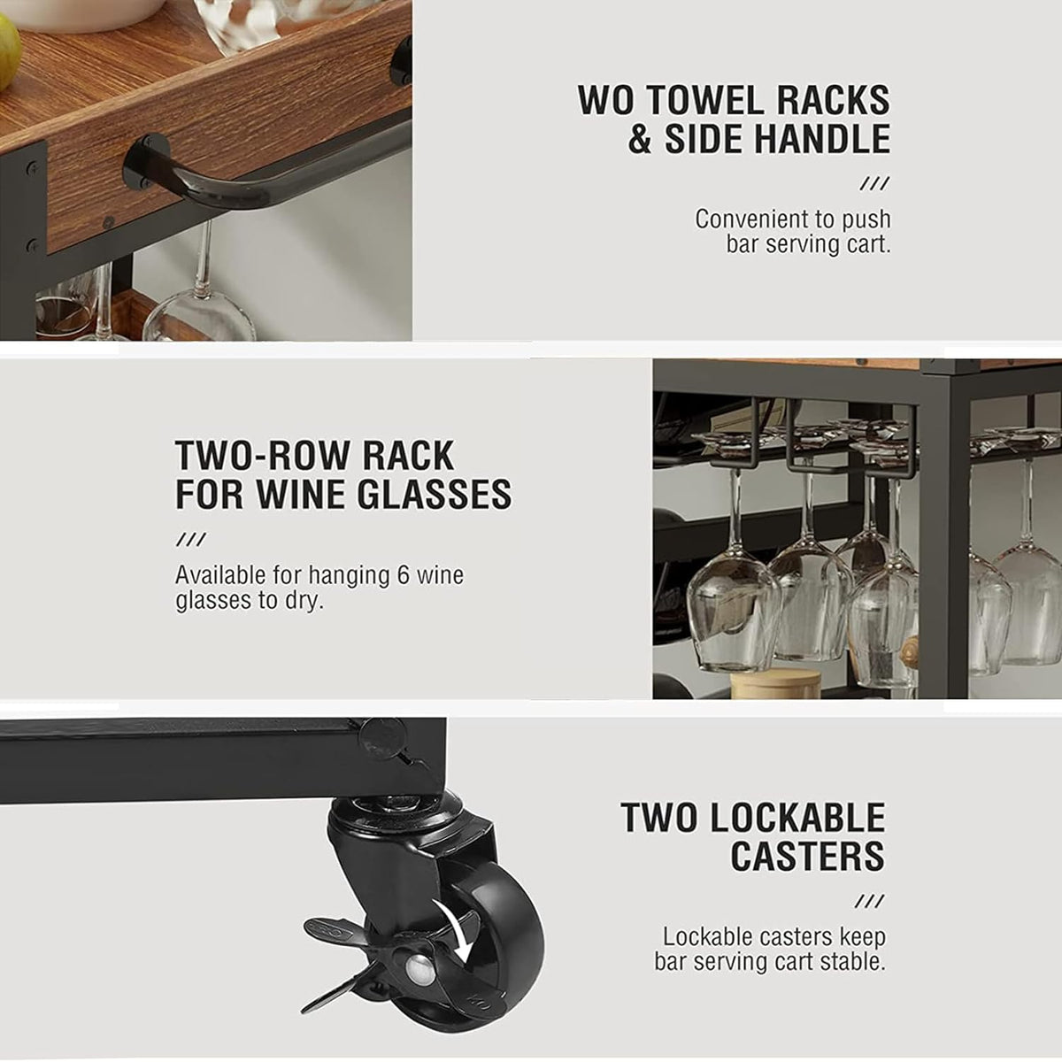 3-Tier Rolling Bar Cart with 12-Bottle Rack & Removable Trays