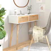Solid Pine & Natural Rattan Console Table – White, 80 cm