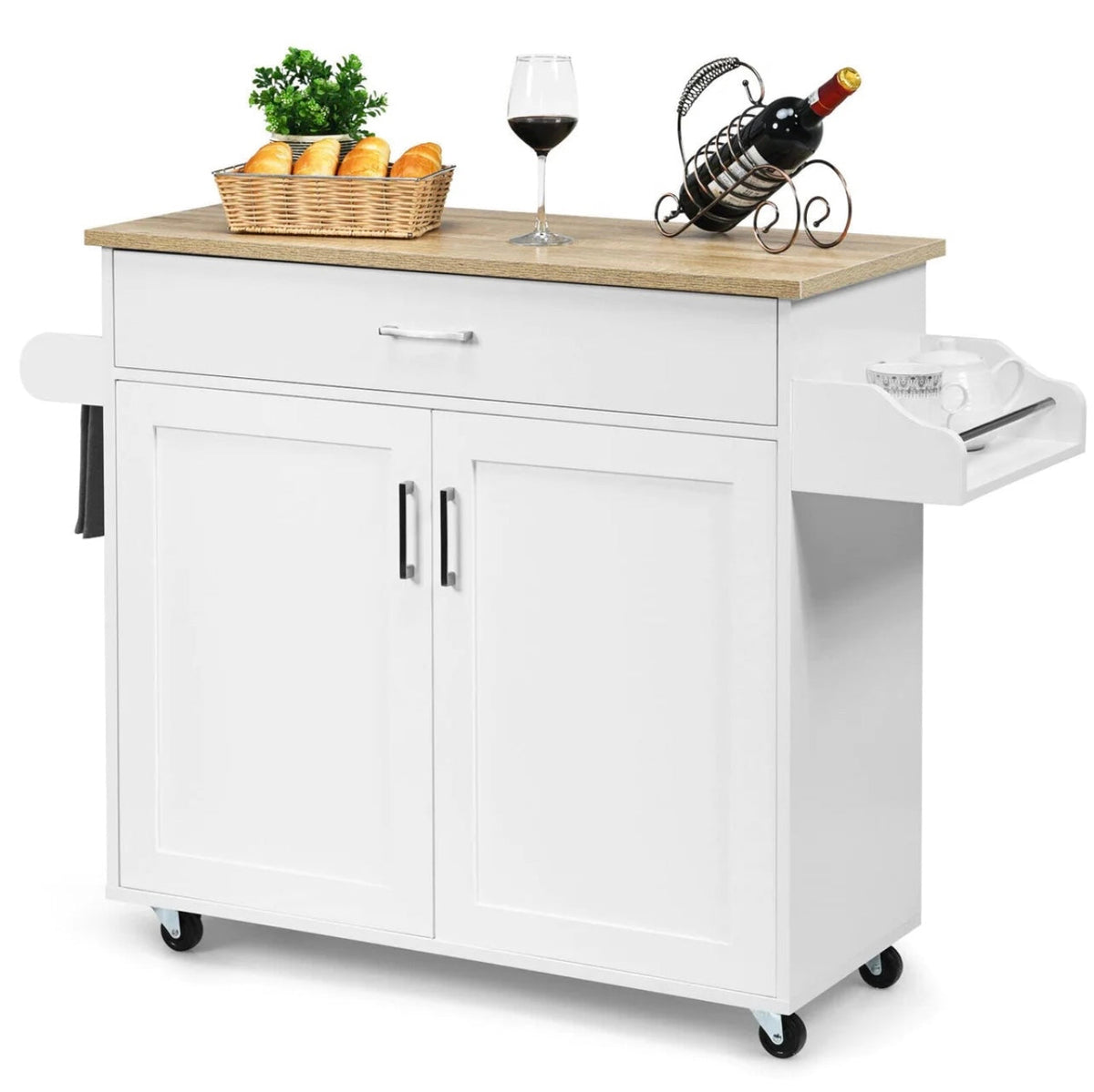Rolling Kitchen Island with Drawer, Cabinet & Side Racks