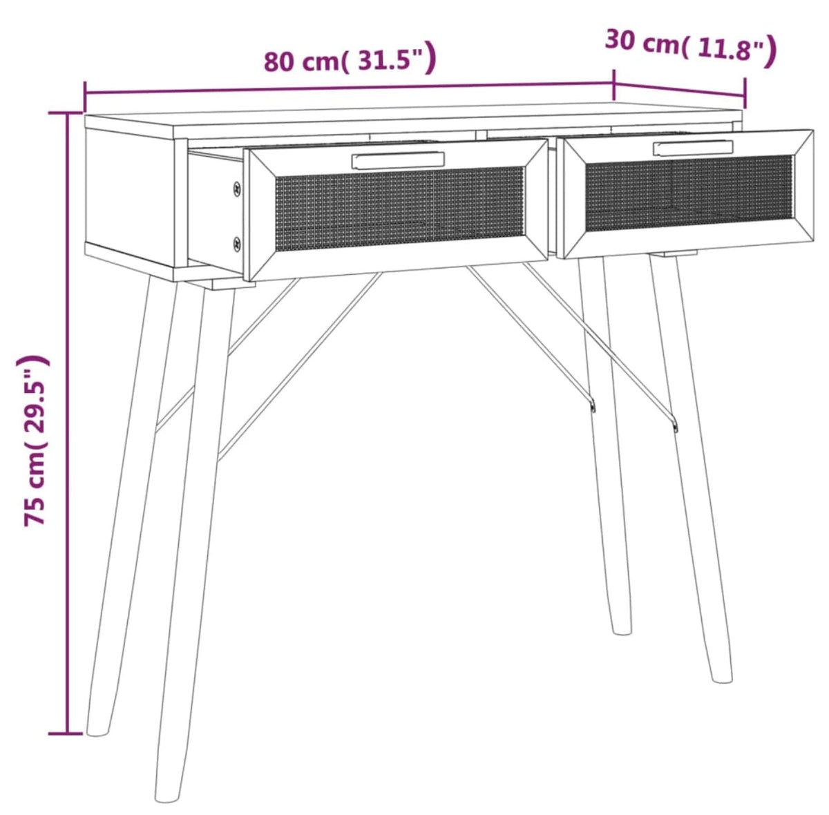 Solid Pine & Natural Rattan Console Table – White, 80 cm