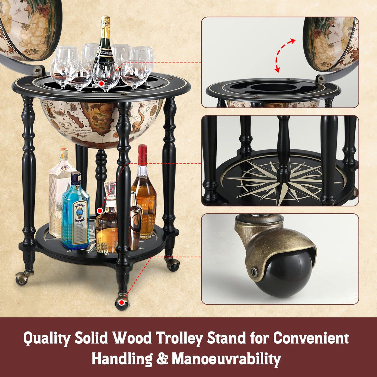 Antique-Style Globe Drinks Trolley with Bottle Storage