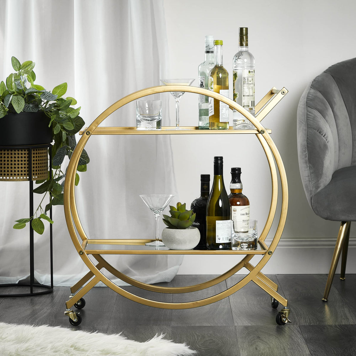 Gold Steel Bar Cart with Glass Rack