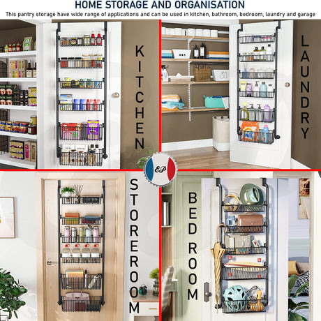 Over The Door Pantry, Bathroom, Bedroom Organiser | 6 Tier Detachable Heavy Duty Metal Storage Baskets | Space Saving Hanging Kitchen Storage & Organisation Spice Rack | Pantry Organiser Storage