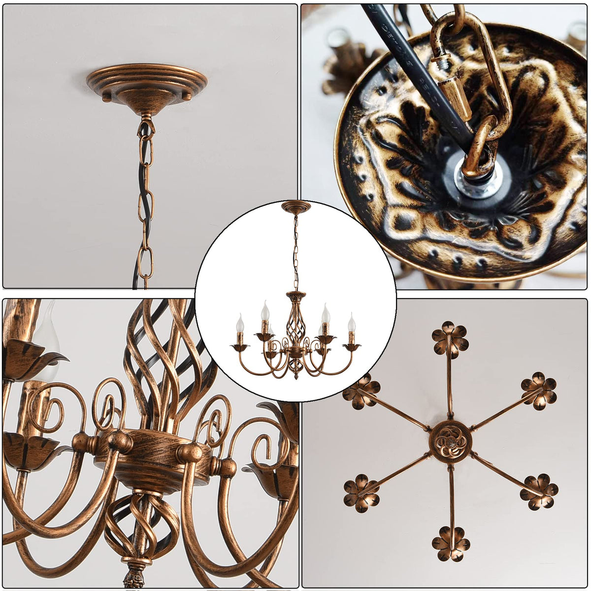 French Country Chandelier, Rustic 6 Light Bronze French Country Pendant Light Fixture, Vintage Metal Chandelier for Dining Room Kitchen Living Room Bedroom Hallway, E14 Base