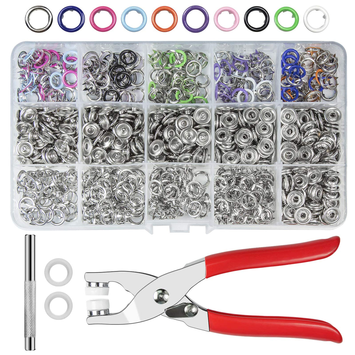200-Set 9.5mm Metal Snap Fastener Kit with Pliers – 10 Colours