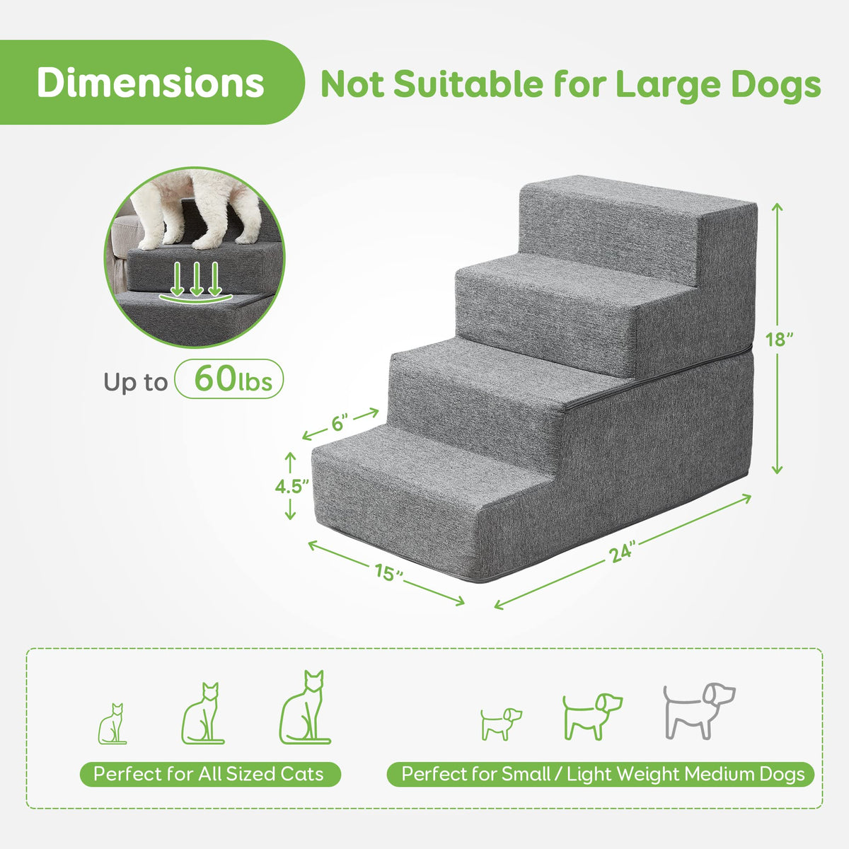 4-Step Grey Pet Stairs with Foam Core & Washable Cover – 45 cm