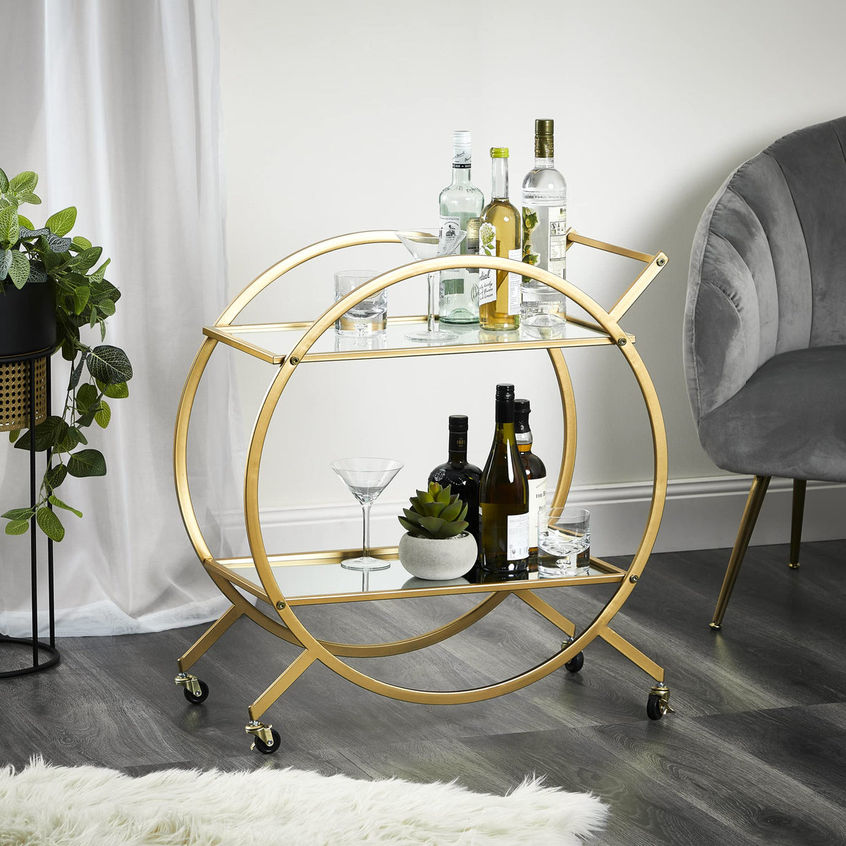 Gold Steel Bar Cart with Glass Rack