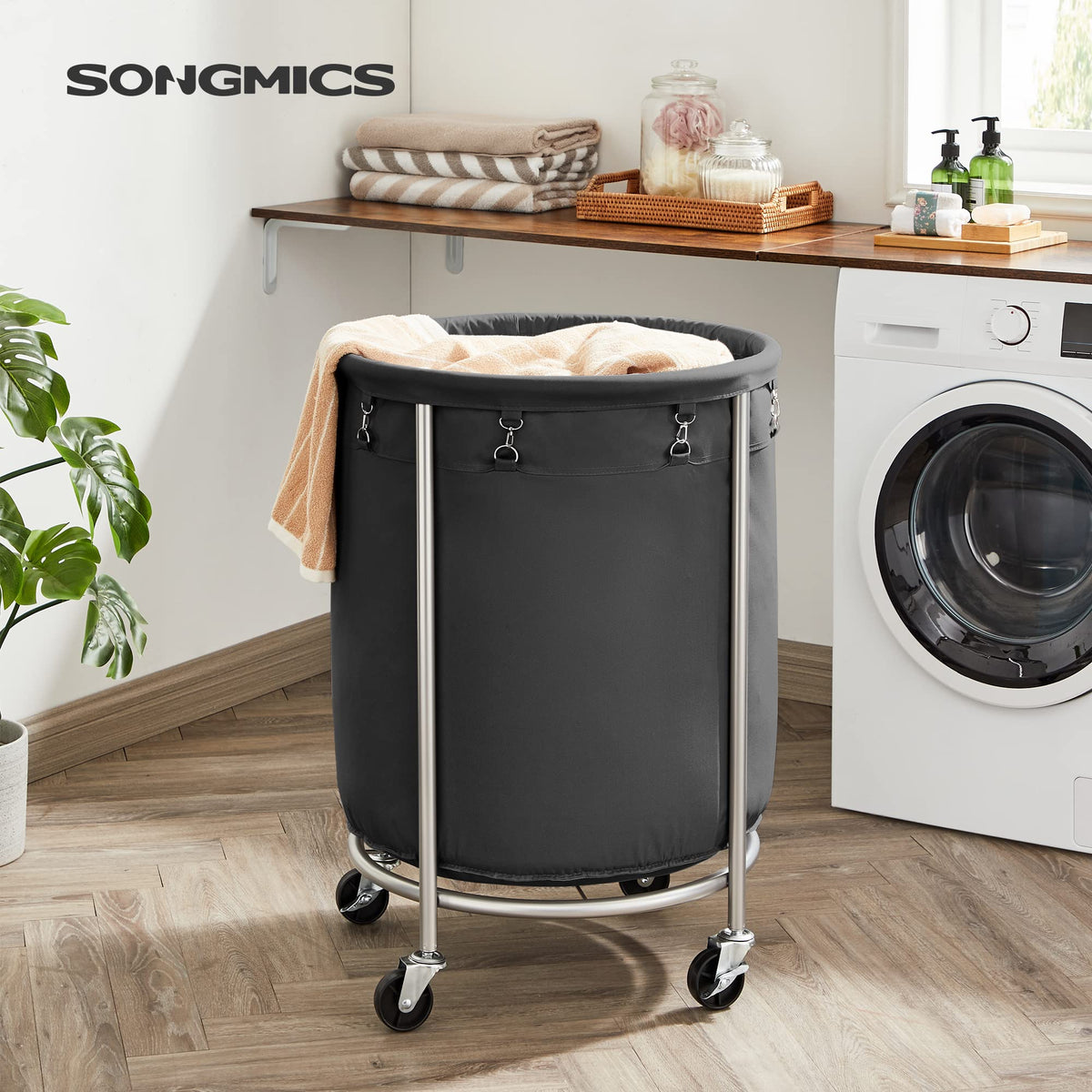 Laundry Basket with Wheels, Rolling Laundry Hamper, Round Laundry Cart with Steel Frame and Removable Bag, 4 Casters and 2 Brakes, Black and Silver URLS001B01