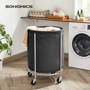 Laundry Basket with Wheels, Rolling Laundry Hamper, Round Laundry Cart with Steel Frame and Removable Bag, 4 Casters and 2 Brakes, Black and Silver URLS001B01
