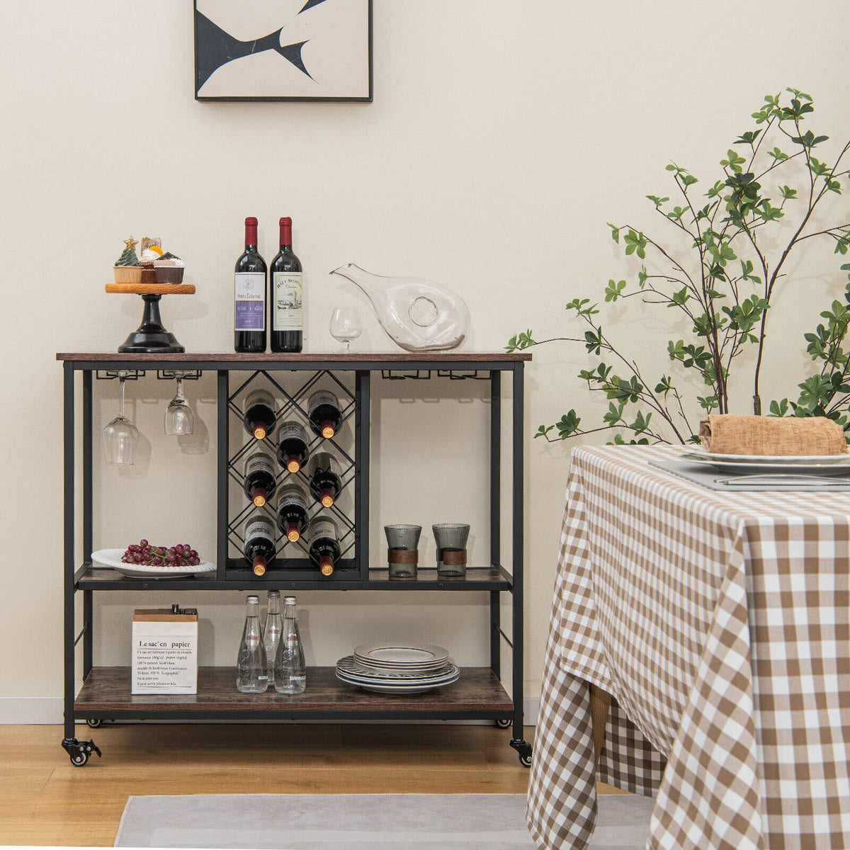 Bott Table 3-Tier Bar Wine Rack Table, Industrial Kitchen Island Cart with 8-Bott ...
