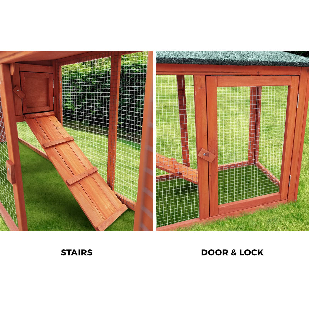 210 cm Fir-Wood Two-Level Small-Animal Hutch with Mesh Run