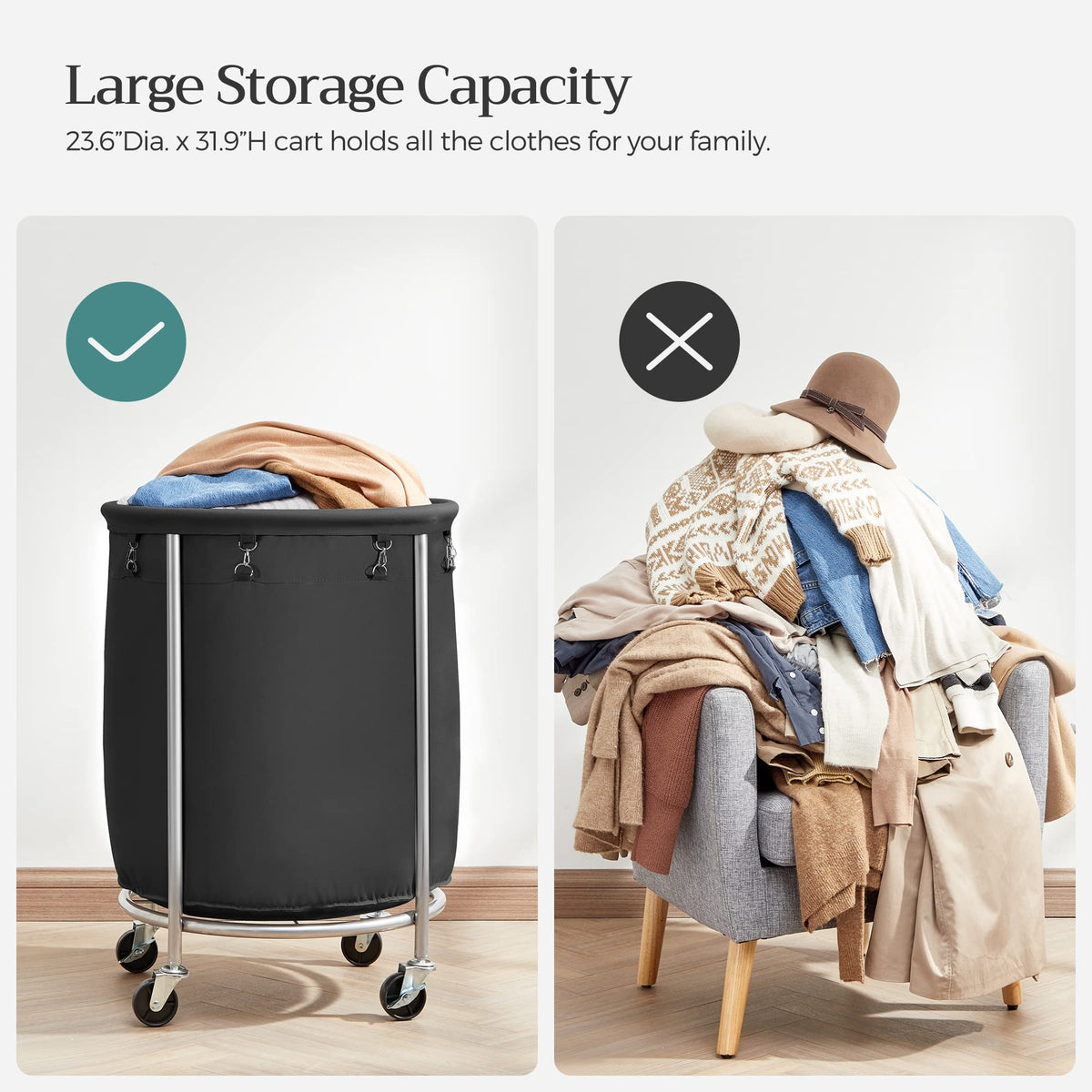 Laundry Basket with Wheels, Rolling Laundry Hamper, Round Laundry Cart with Steel Frame and Removable Bag, 4 Casters and 2 Brakes, Black and Silver URLS001B01