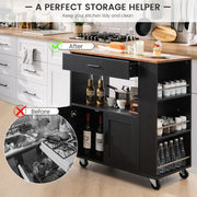 Black Rolling Kitchen Island with 3-Tier Spice Rack
