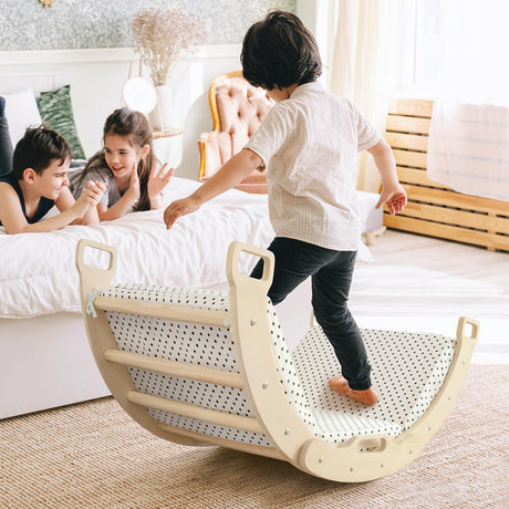 Kids Climber Arch Rocker with Cushion Pad Black，Montessori Climber Indoor Climbing Toys for Kids, Arch Climber Wooden Indoor Playground for Climbing (Small Arch Climbing with Cushion)