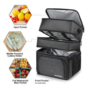 3 Compartments Mens Insulated Lunch Bag, Large Lunch Box Cooler Bag INSMEER with Sturdy Bottom/Shoulder Strap/Leakproof & Waterproof Zipper, Work Lunch Cooler for Driver, Beach, Picnic (Black)