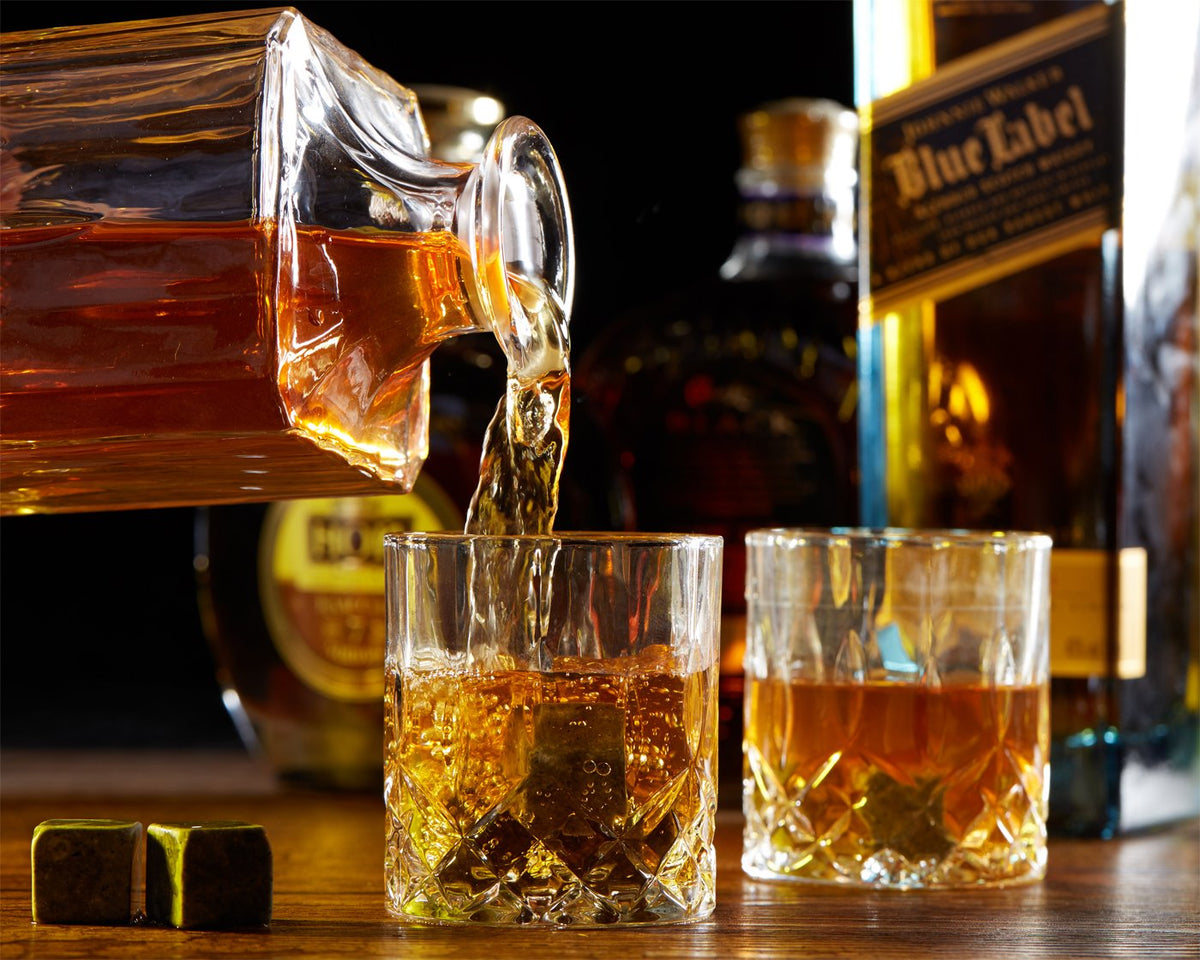 Whisky Stones and Glasses Gift Set, Whisky Rocks Chilling Stones in Handmade Wooden Box– Cool Drinks without Dilution – Whisky Glasses Set of 2, Gift for Dad, Husband, Men – iiiMY