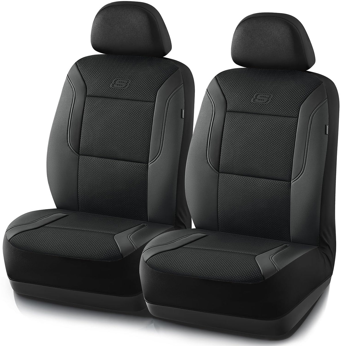 Memory Foam Car Seat Covers, Leather & Mesh Thick Protection, Black Front Cover, Airbag Compatible, Automotive Comfort & Protection for Most Cars, Trucks, SUVs, Black & Memory Foam (SK01055)