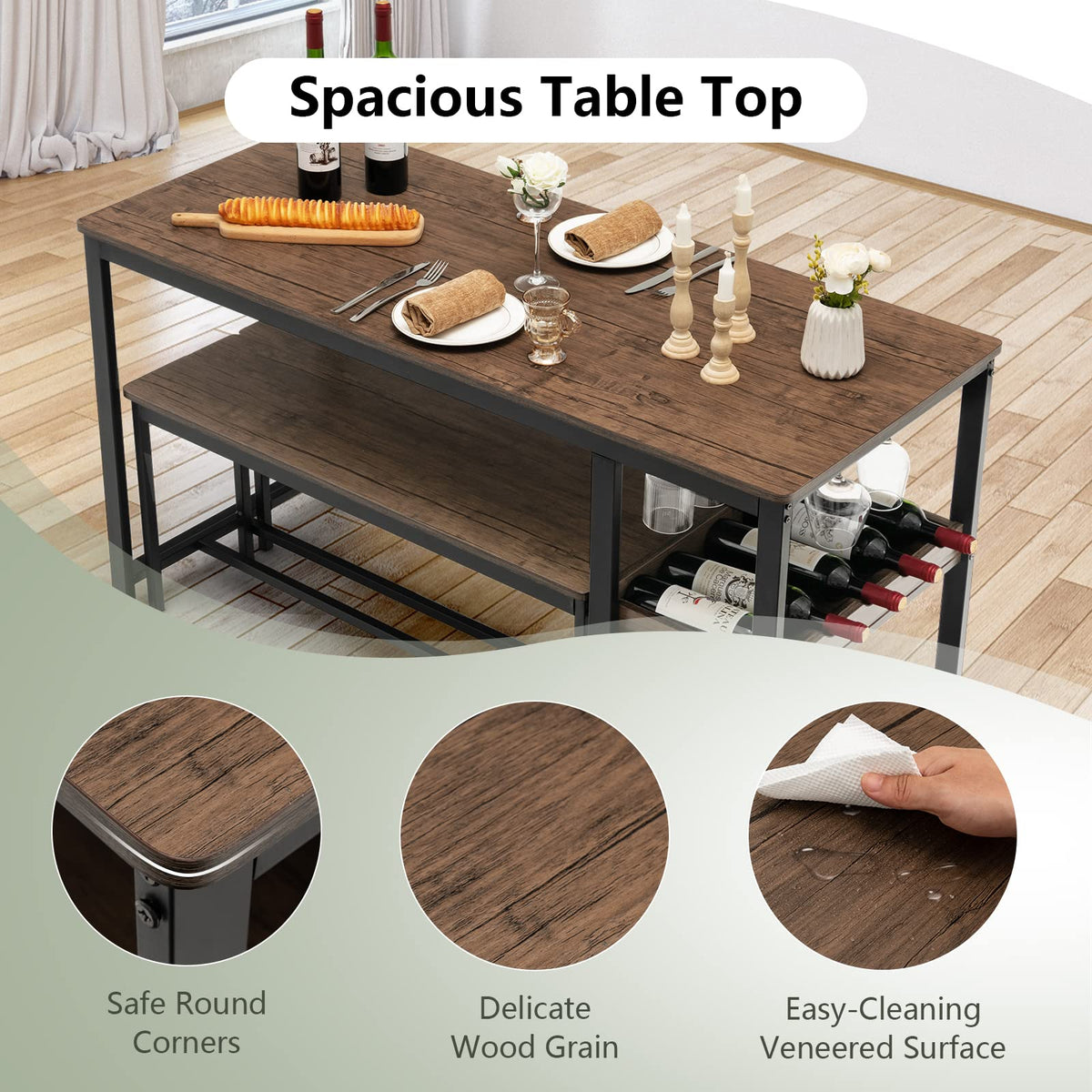 3-Piece Dining Set with Wine Rack & Glass Holder