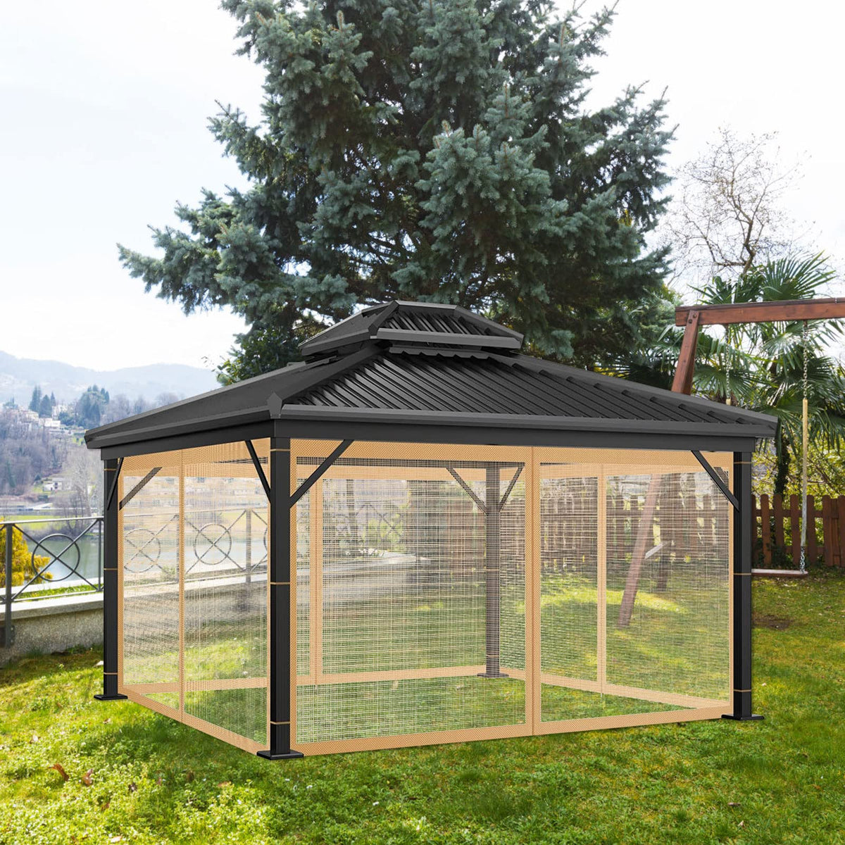New Gazebo Mo-squito Net Outdoor Gazebo Netting Screen Replacement Universal 4-Panel Sidewalls with Zipper Waterproof Mo-Squito Netting (12' x 12', Brown)