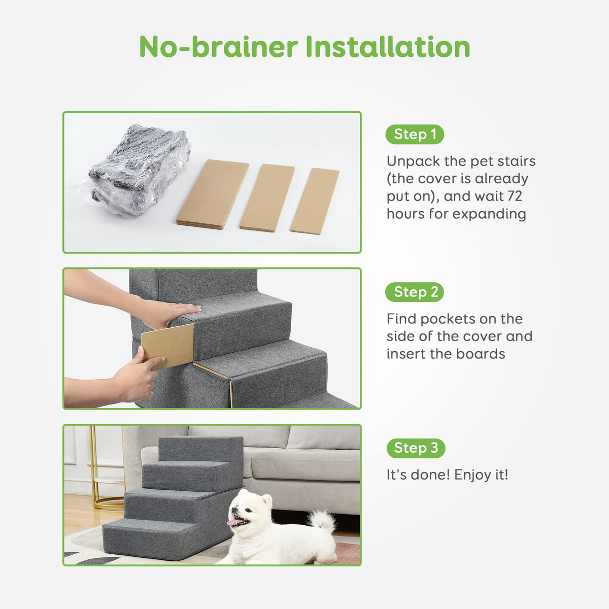 4-Step Grey Pet Stairs with Foam Core & Washable Cover – 45 cm