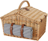 Picnic Hamper for 4 Persons with Double Lids and 'Built-in' Insulated Cooler, Natural Wicker Picnic Basket with Canvas Stripe Lining, Willow Picnic Set (Navy Stripe)