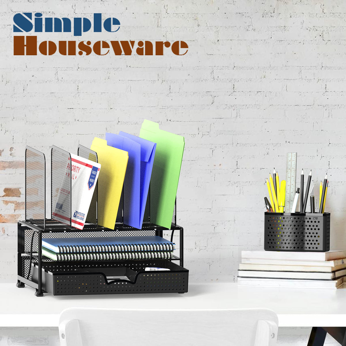 Mesh Desk Organizer with Sliding Drawer, Double Tray and 5 Upright Sections, Black
