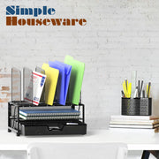 Mesh Desk Organizer with Sliding Drawer, Double Tray and 5 Upright Sections, Black