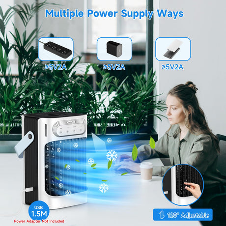 Portable Air Conditioners, TIOKVIOP Evaporative Air Cooler [Upgraded 10W & 3 Cool Mist] 3 in 1, 3 Wind Speed & 7 LED Light, 3 Cool Mist & 2-8H Timer Cold AC, Personal Mini Air Cooling Fan for Room