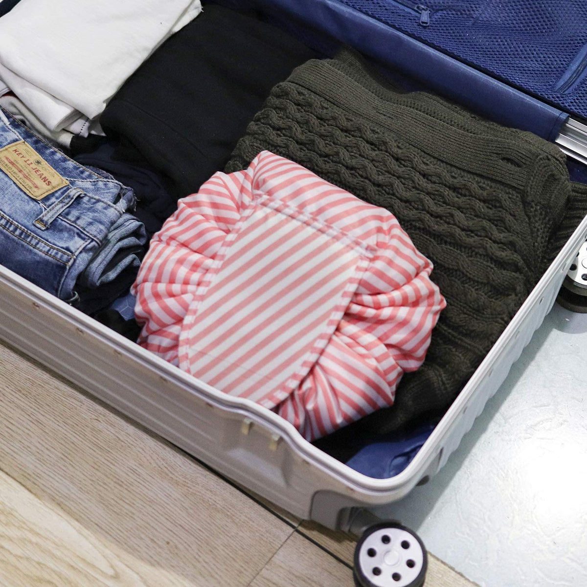 Pink-Stripe Drawstring Makeup & Toiletry Bag