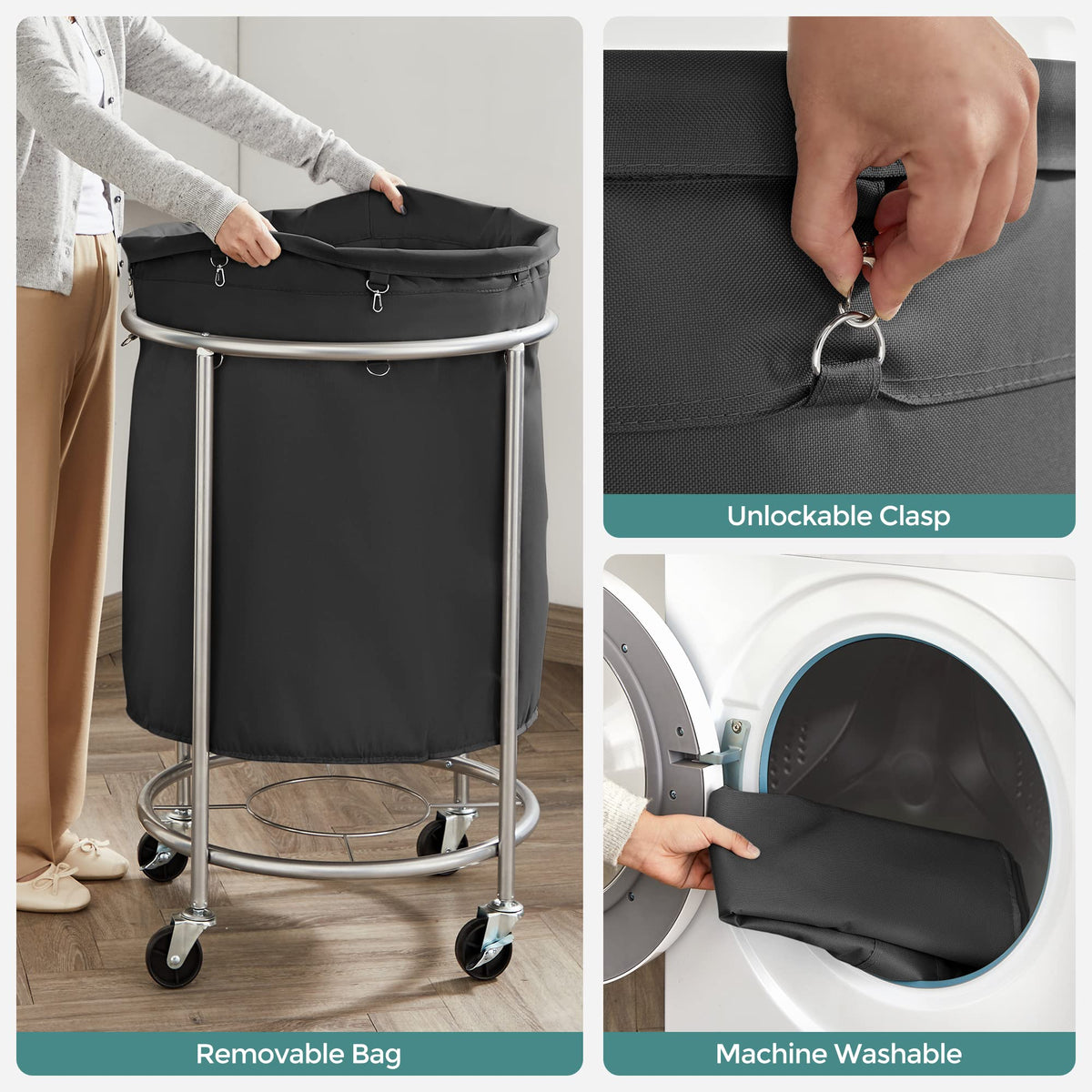 Laundry Basket with Wheels, Rolling Laundry Hamper, Round Laundry Cart with Steel Frame and Removable Bag, 4 Casters and 2 Brakes, Black and Silver URLS001B01