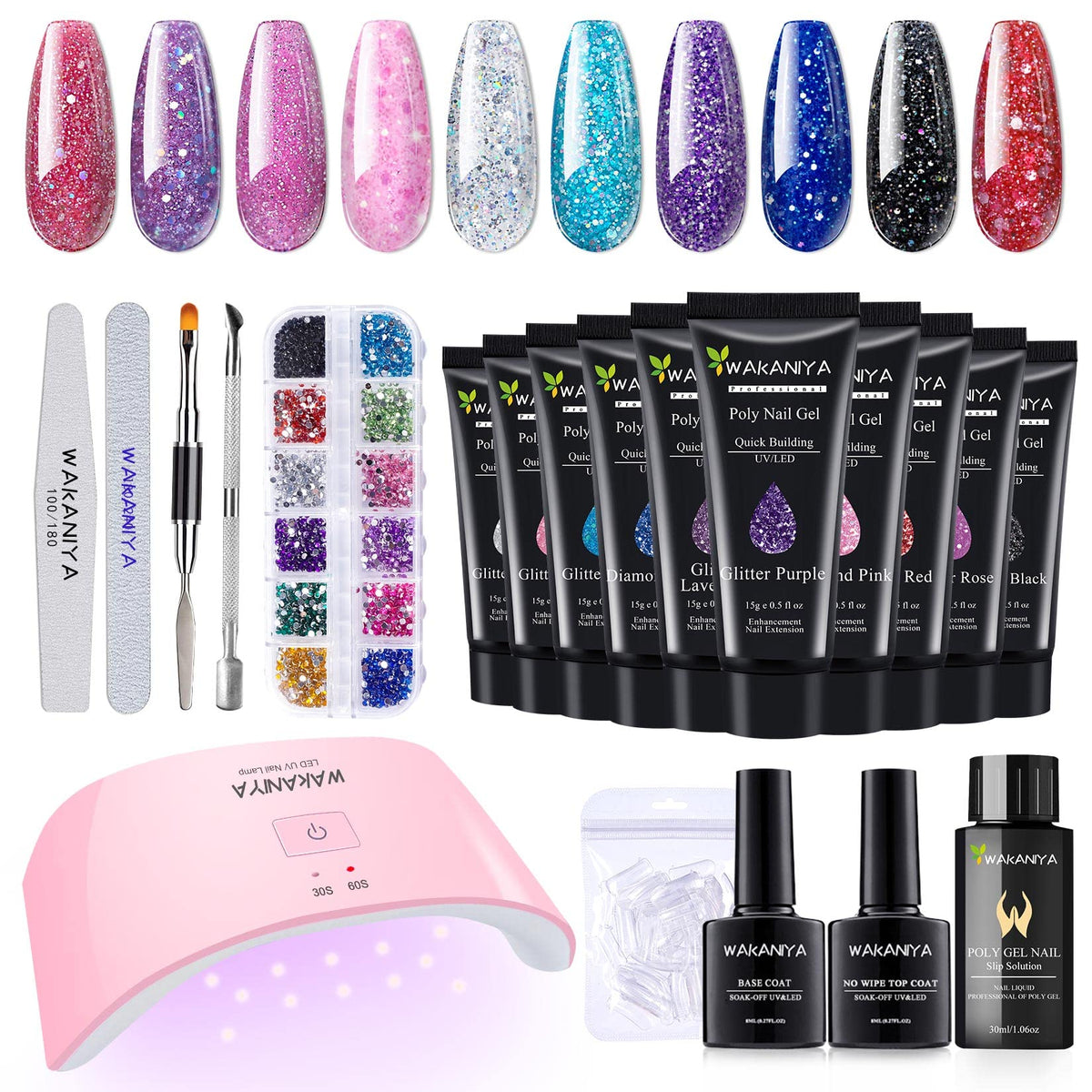 Poly Gel Nail Extension Kit with Lamp, 10 Glitter Colors Quick Nail Builder Gel Enhancement Set, Easy Poly Nail Gel Kits with Rhinestones, Nail Forms for Starters DIY Nail Art